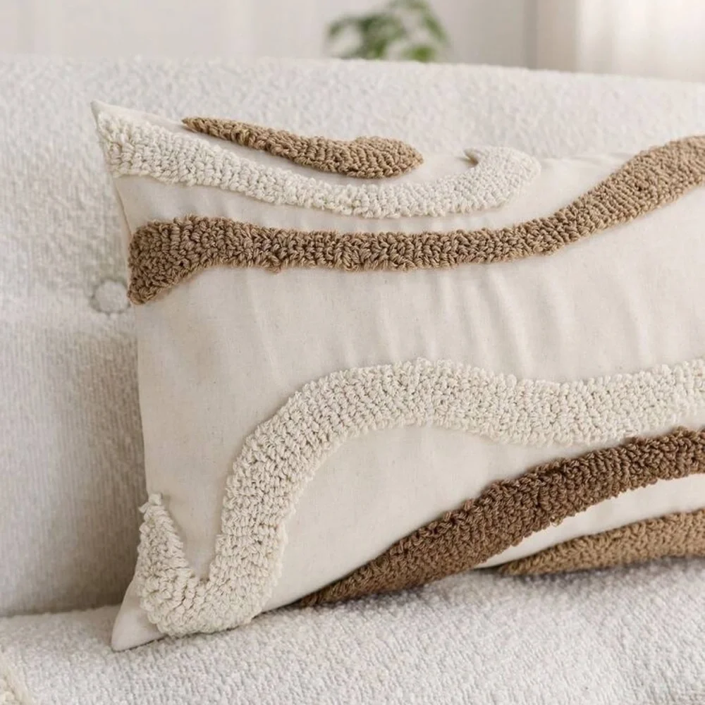 Boho Embroidered Throw Pillow Cover, Cream and Brown, 12”x20”